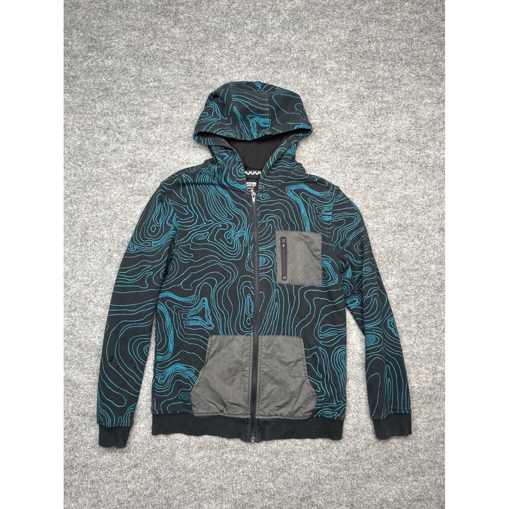 Mossimo‎ Boys XL 16 Full Zip Hoodie Black Teal Topo Map Graphic Utility Pocket